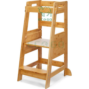 Strong Bamboo Toddler Step Stool Kids Kitchen Learning Stool Standing Helper Tower for Toddlers 3 Height Adjustable Foot Stool