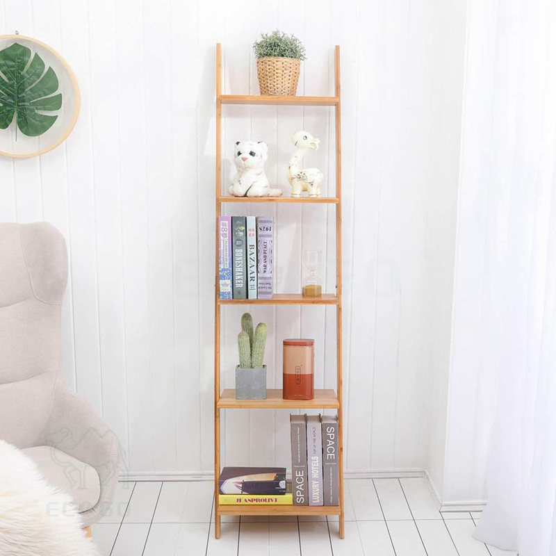 Bamboo book stand 5-tier wall bookshelf ladder storage shelf display stand for living room