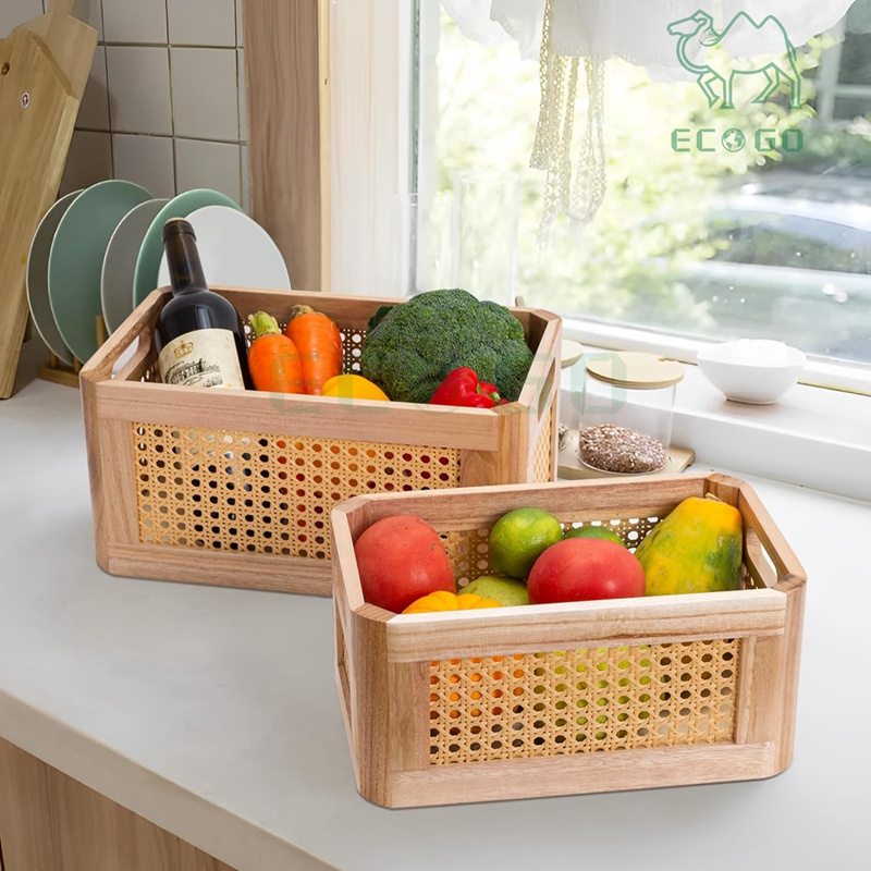 Fancy Rattan Storage Baskets for Shelves Rectangle Wicker Box for Organizing Wood Woven Storage Baskets with Handles Decorative