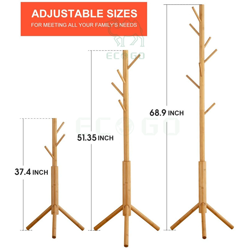 Coat Rack Freestanding Stand Bamboo Wooden 8 Hooks 3 Adjustable Tree Standing Coat Jackets Hanger