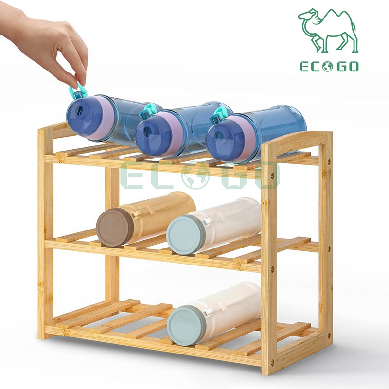 Water Bottle Organizer 3 Tier Bamboo Water Bottle Rack Plastic Water Bottle Holder for Cabinet Pantry Kitchen Countertop