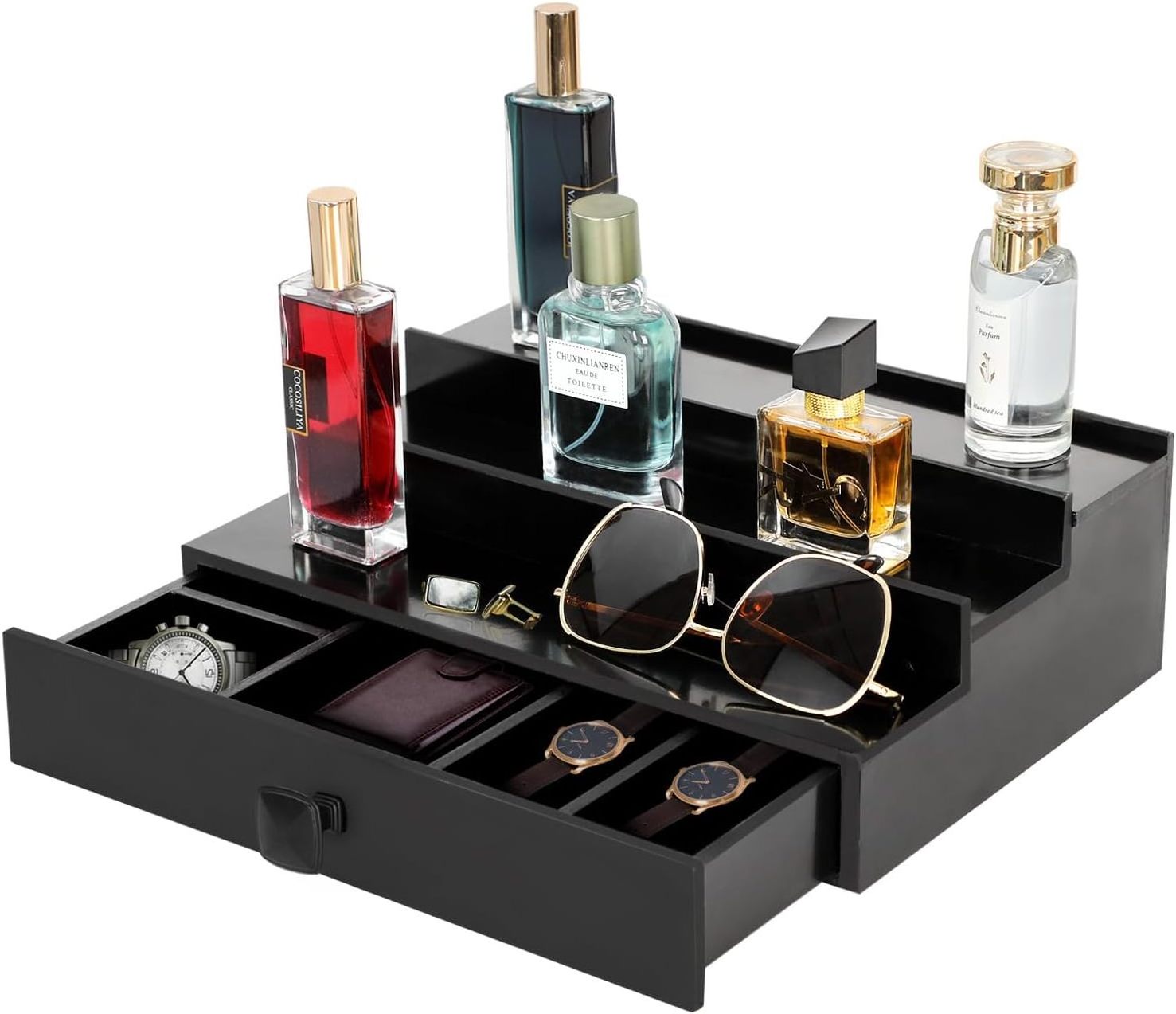 3 Tier Cologne Organizer for Men, Bamboo Perfume Organizer with Drawer and Hidden Compartment Cologne Stand as Nice Gift for Men