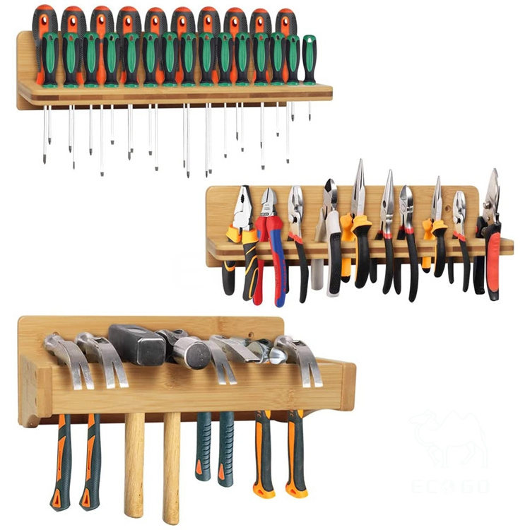 Bamboo Wall Mounted Tool Organizer for Garage Workshop Screwdriver Organizer, Hammer Tools Rack