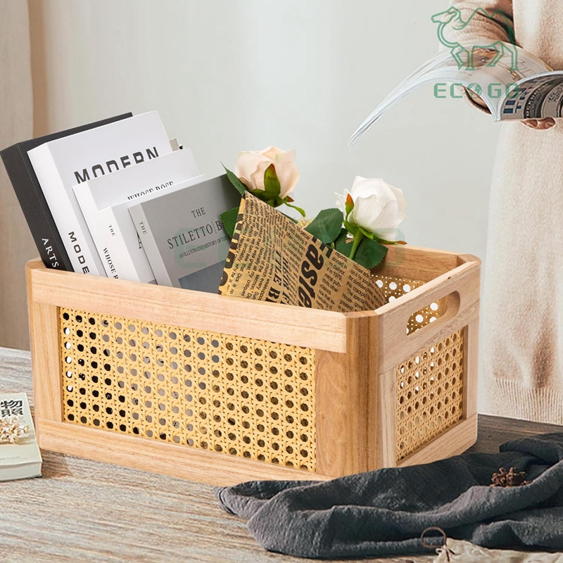 Fancy Rattan Storage Baskets for Shelves Rectangle Wicker Box for Organizing Wood Woven Storage Baskets with Handles Decorative