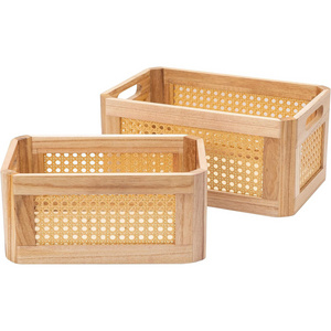 Rattan Storage Baskets for Shelves, Rectangle Small Baskets for Organizing, Wood Bamboo Storage Baskets with Handles