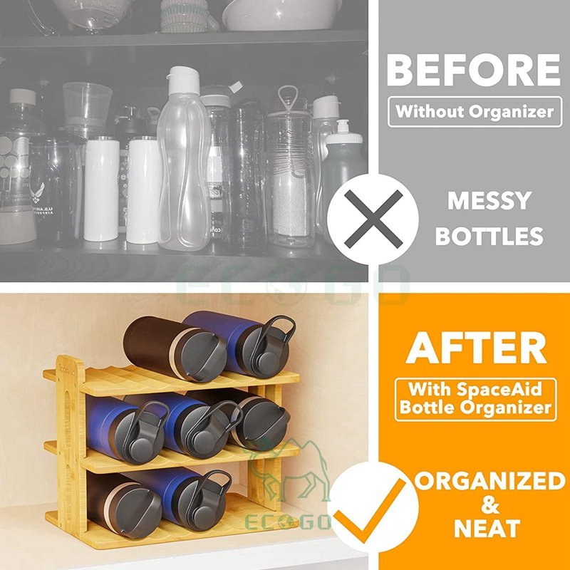 Bamboo Water Bottle Organizer with Labels Kitchen Pantry Bottle Storage Rack for Cabinets Cup and Wine Bottle Holder Shelf