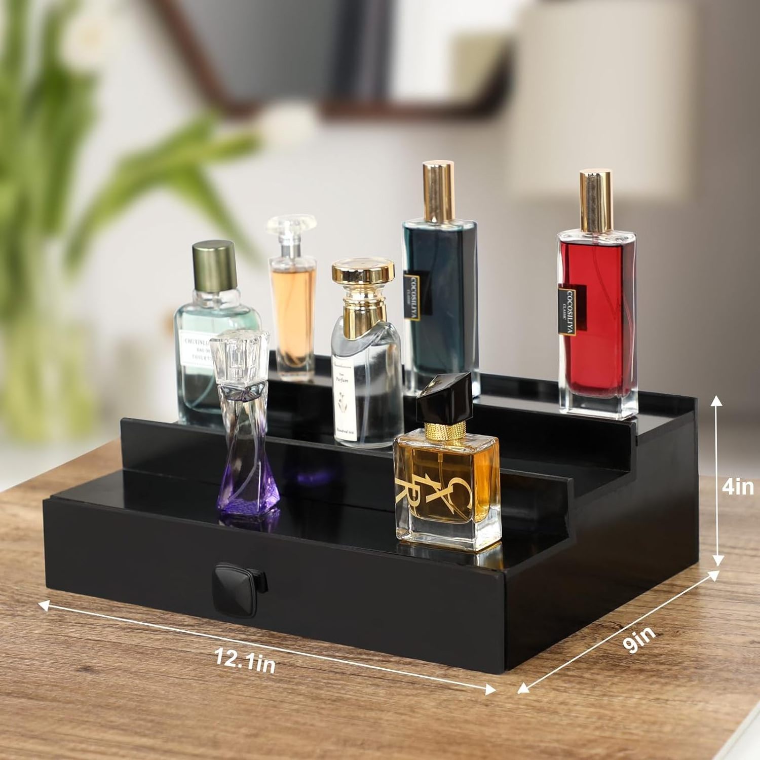 3 Tier Cologne Organizer for Men, Bamboo Perfume Organizer with Drawer and Hidden Compartment Cologne Stand as Nice Gift for Men