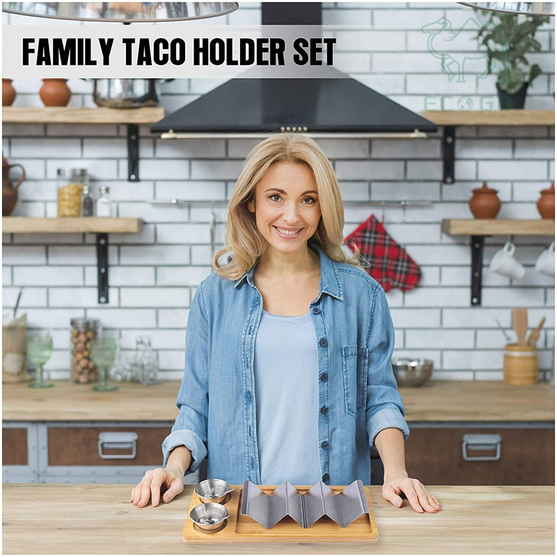 Stylish Taco Stand Holder With Bamboo Tray Set of 2 Taco With Four Sauce Holders and Four Spoons Holds Up to 4-6 Tacos