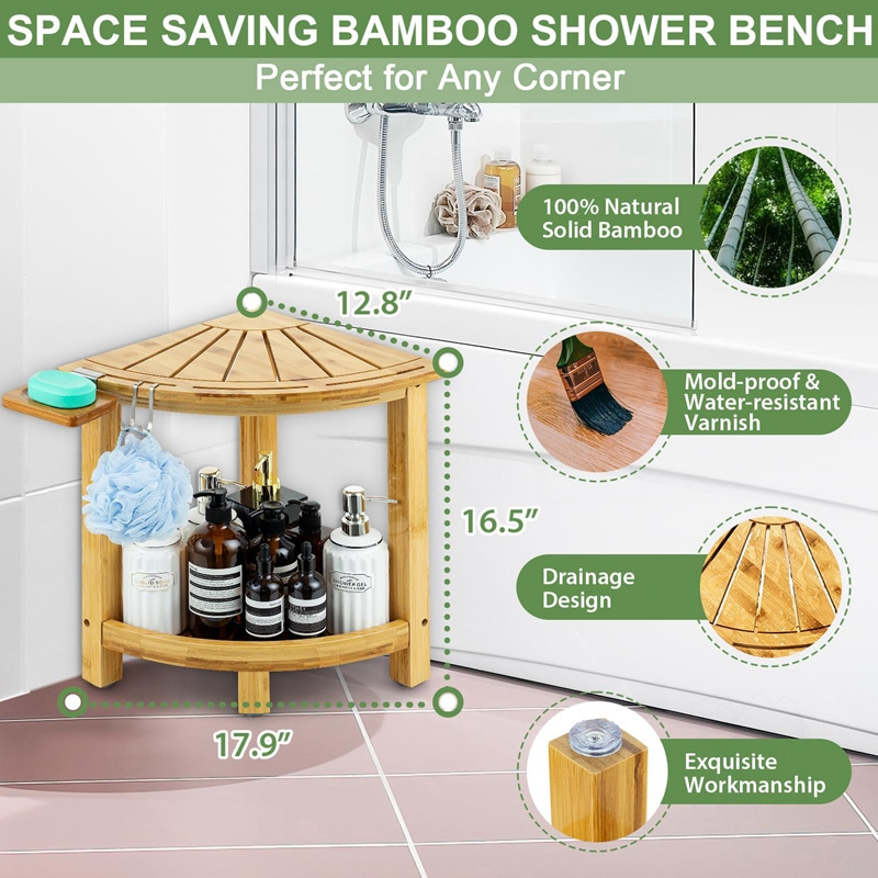 Custom Bathroom Bamboo Wooden Small Corner Table Corner Shower Bench & Shower Stool Storage Shelf Seat