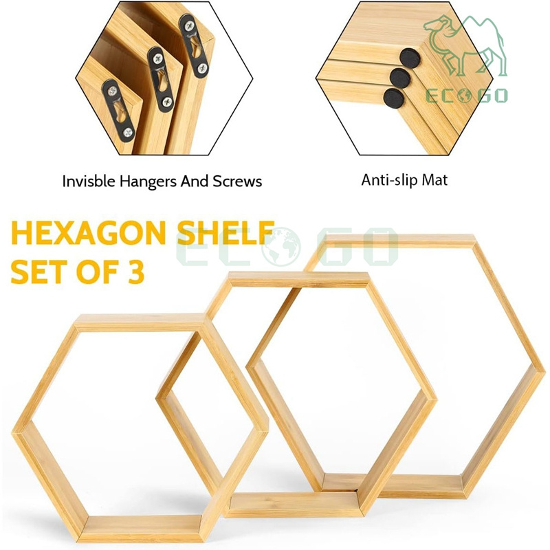 Hexagon Floating Shelves Wall Mounted Natural Bamboo Farmhouse Storage Honeycomb Wall Shelf Set of 3 Hexagon Shelves