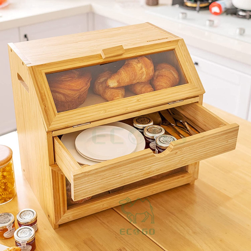 Bamboo Bread Box for Kitchen Countertop Triple Bread Storage with Drawer Bread Keeper with Clear Windows