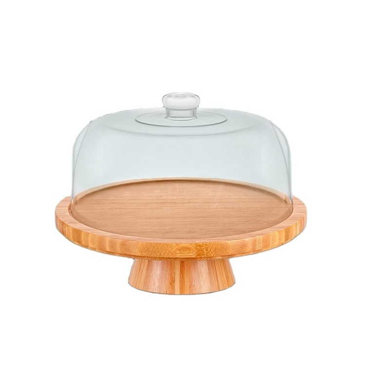 Bamboo Cake Stand with Clear Acrylic Dome Cover, Bamboo Cake Plate Holder with Lid