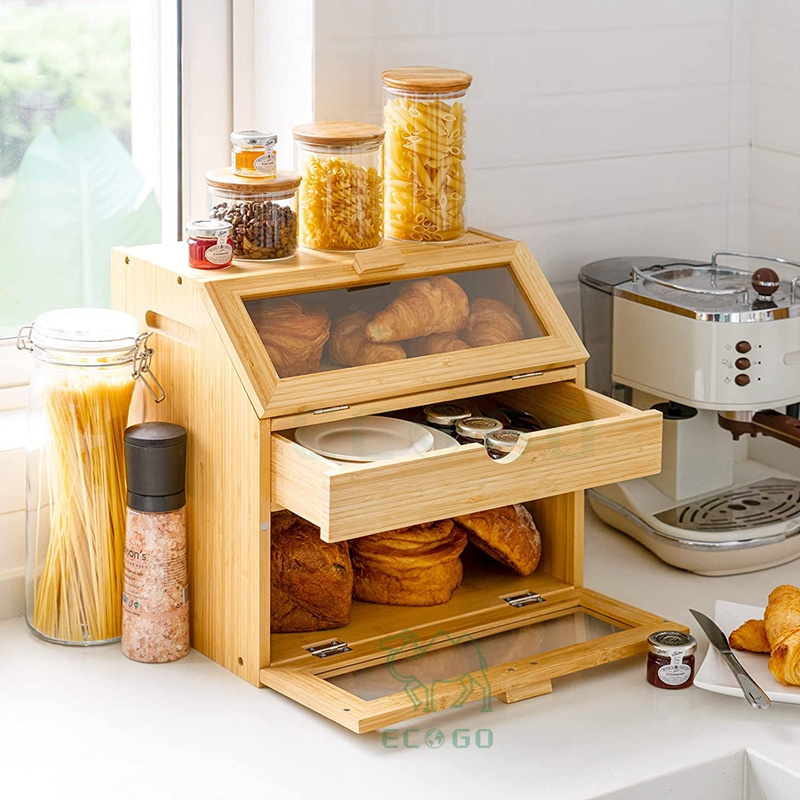 Bamboo Bread Box for Kitchen Countertop Triple Bread Storage with Drawer Bread Keeper with Clear Windows