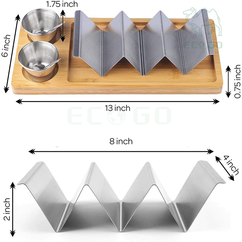 Stylish Taco Stand Holder With Bamboo Tray Set of 2 Taco With Four Sauce Holders and Four Spoons Holds Up to 4-6 Tacos