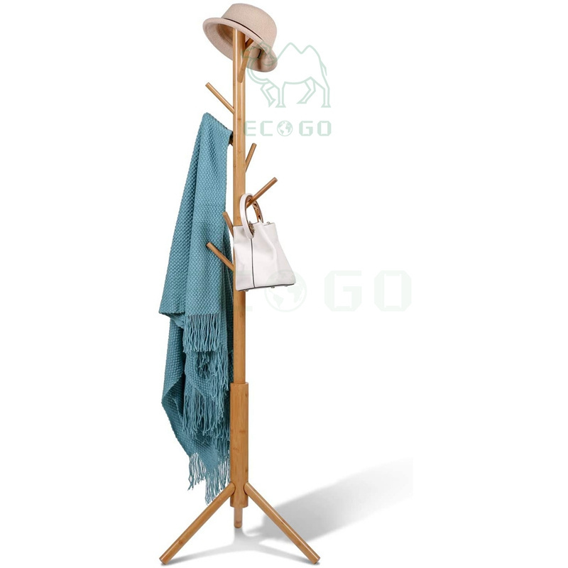 Coat Rack Freestanding Stand Bamboo Wooden 8 Hooks 3 Adjustable Tree Standing Coat Jackets Hanger