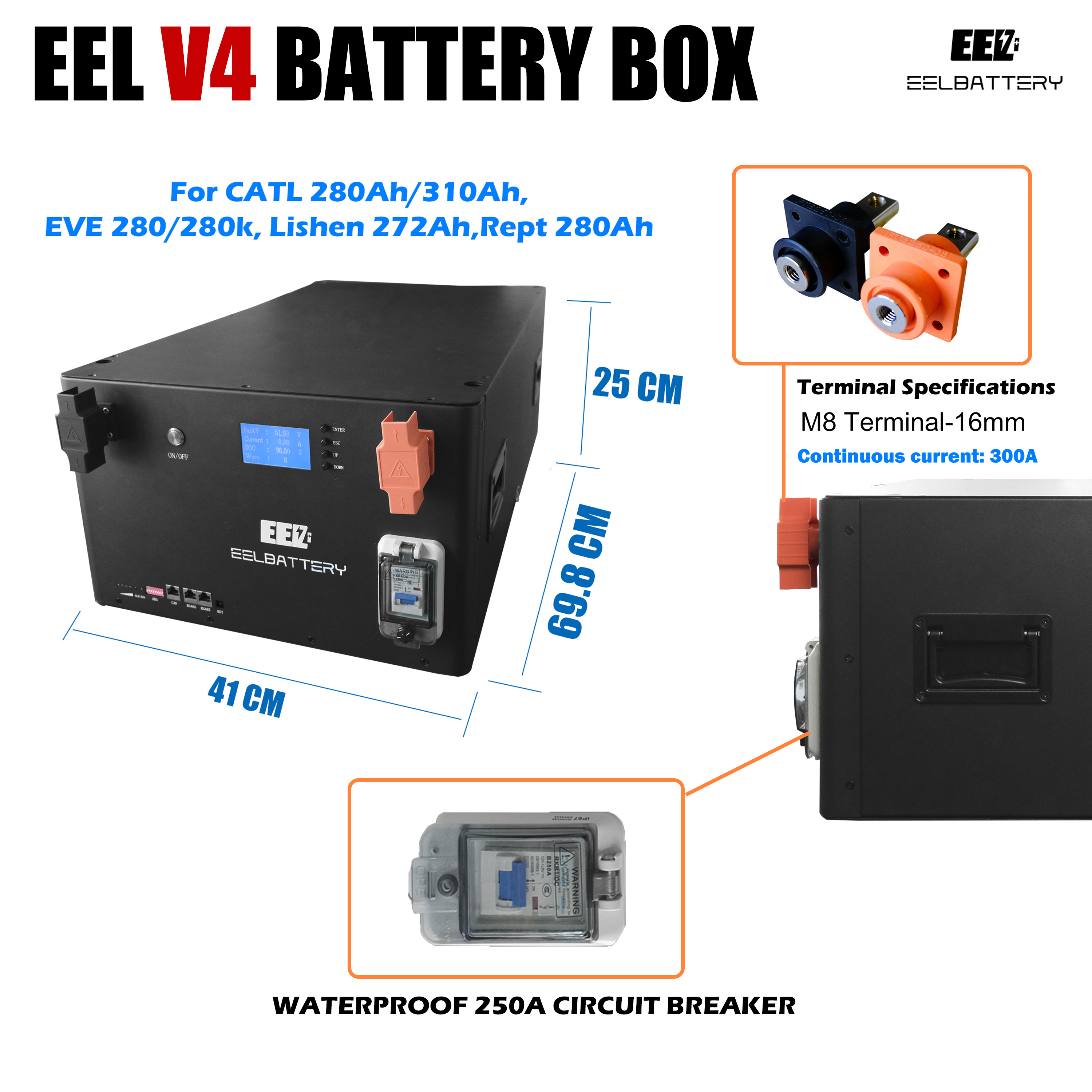 EEL Grade A EU Stock Empty Battery Box 48V 280Ah Energy Storage Batterie 302ah DIY LiFePO4 Cells Battery Metal Case with BT BMS