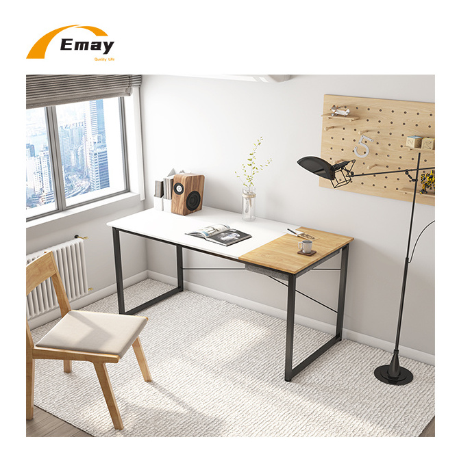 Computer Desk Study Writing Table for Home Office Modern Simple Style PC Desk with Splice Board, Black Metal Frame