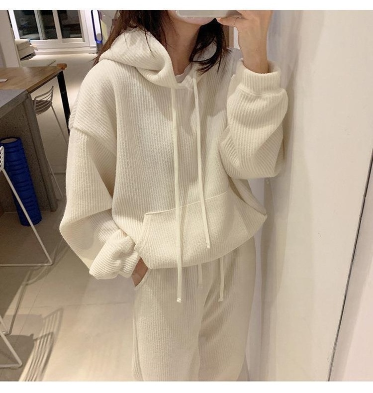 Autumn Fashion Sports Casual Jogging Suit Oversize Cream Girl's Tracksuit Set Waffle stripes Hoodie Two Pieces Set