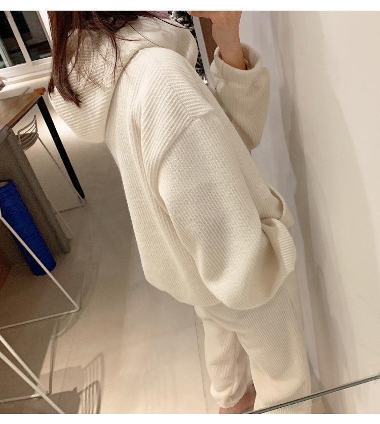 Autumn Fashion Sports Casual Jogging Suit Oversize Cream Girl's Tracksuit Set Waffle stripes Hoodie Two Pieces Set