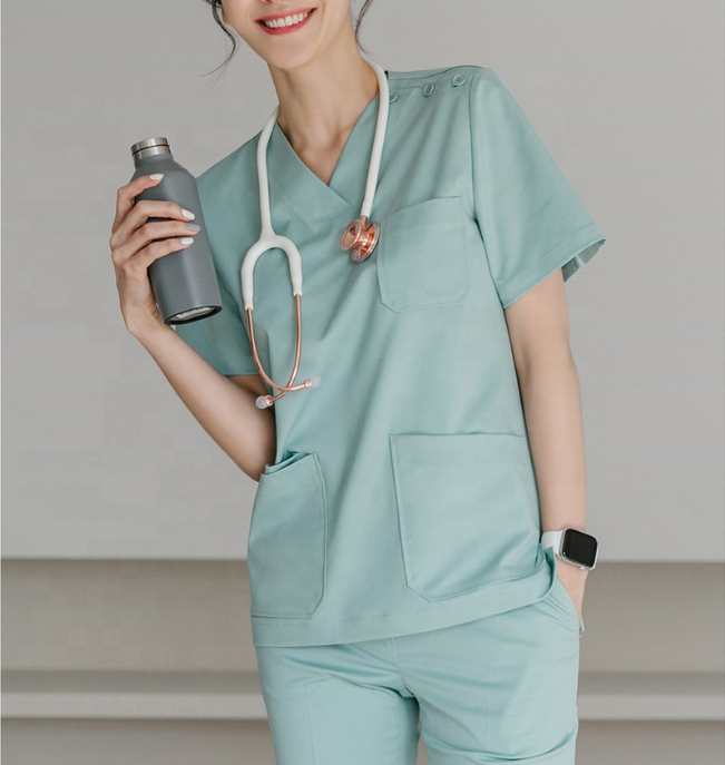 Modern Design Slim Straight Hospital Nursing Scrubs Uniform V-neck Unisex Scrub Suit Short Sleeve Tops Pants Uniform