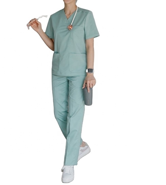 Modern Design Slim Straight Hospital Nursing Scrubs Uniform V-neck Unisex Scrub Suit Short Sleeve Tops Pants Uniform