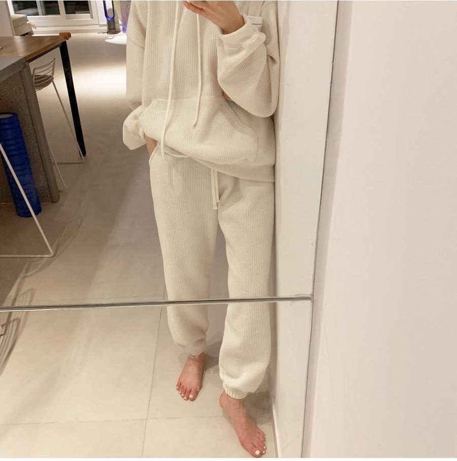 Autumn Fashion Sports Casual Jogging Suit Oversize Cream Girl's Tracksuit Set Waffle stripes Hoodie Two Pieces Set