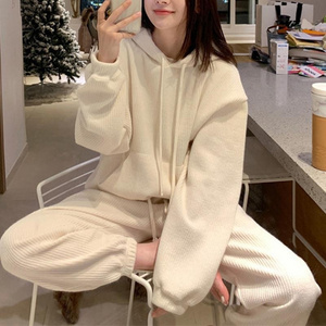 Autumn Fashion Sports Casual Jogging Suit Oversize Cream Girl's Tracksuit Set Waffle stripes Hoodie Two Pieces Set