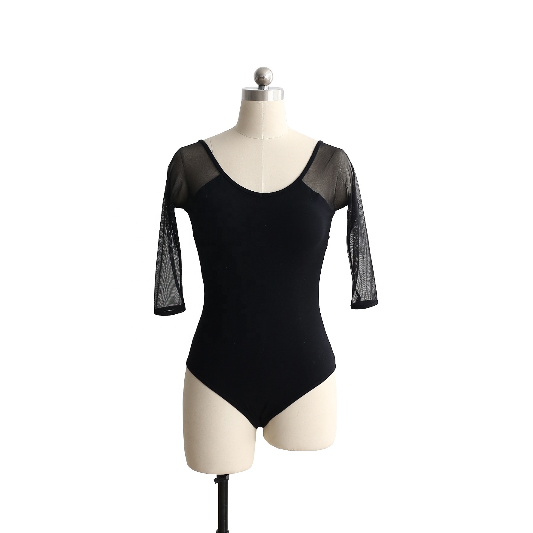 Adult Womens Ballet Dancewear Mesh Half Sleeve Black Modern Dance Training Suit For Women