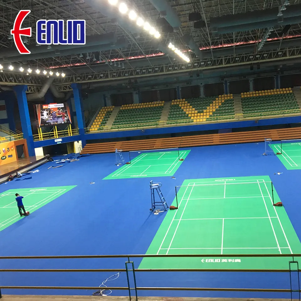 Enlio BWFApproved Line Marking 4.5-9.0MM Badminton Pvc Sports Flooring Pvc Badminton Court Mat With Nylon Stick-On Buttons