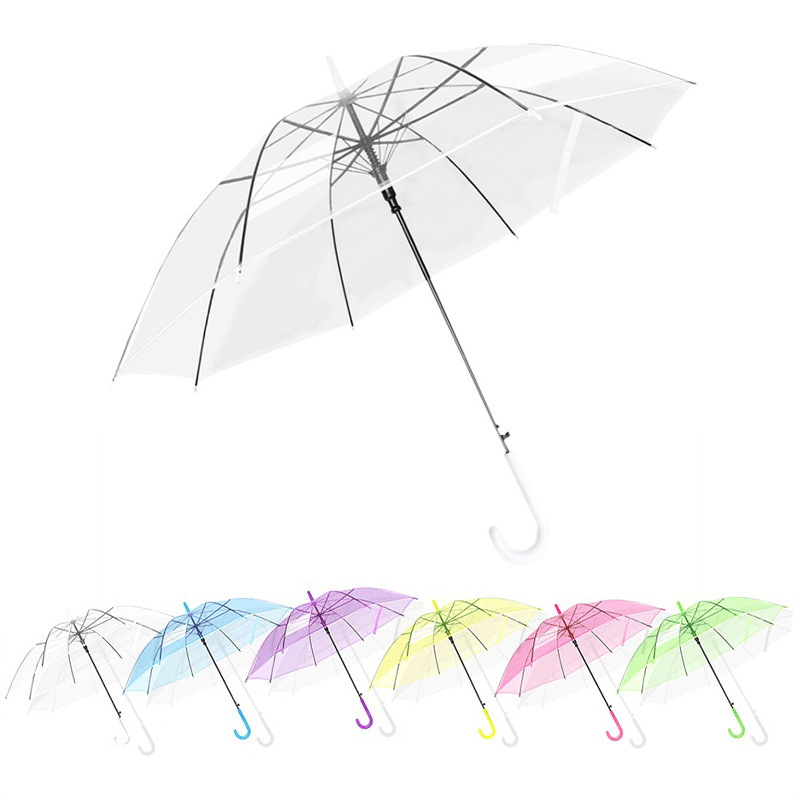 Epsilon Wholesale Portable Colorful Transparent Umbrella Custom Auto Straight J Handle Parasol Clear Umbrella With Logo