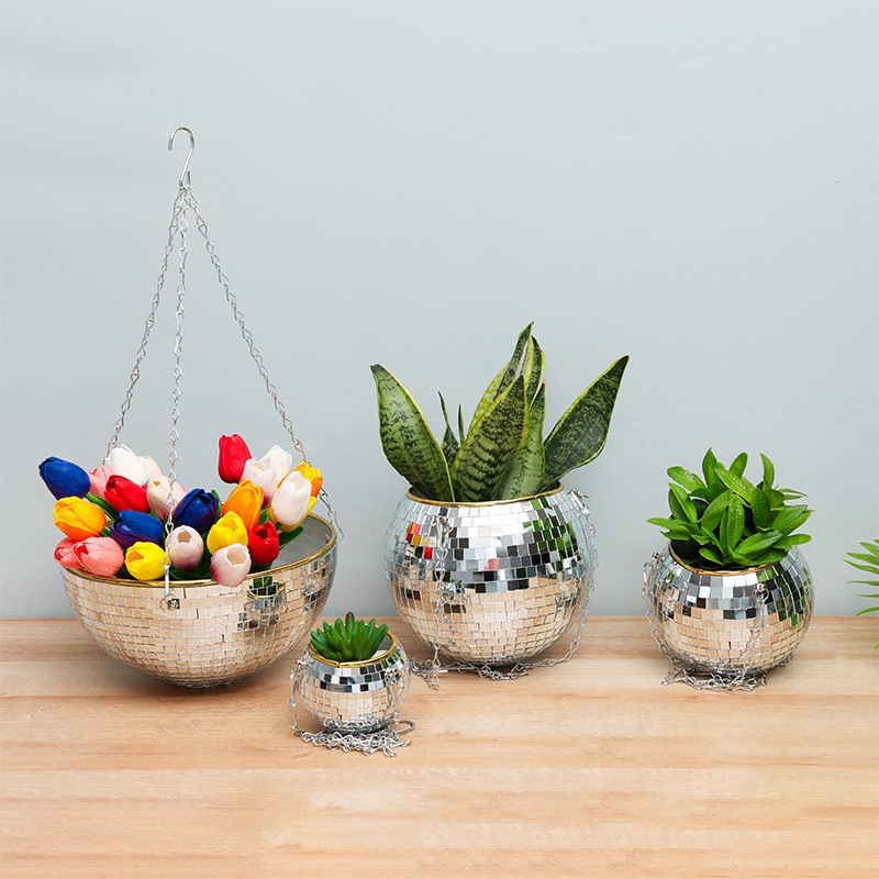 Epsilon Disco Mirror Ball Planter Pot Ball Shape Silver Hanging Pots Basket Planters Pretty Ball Flower Pot Metal Macrame Rope Hanging