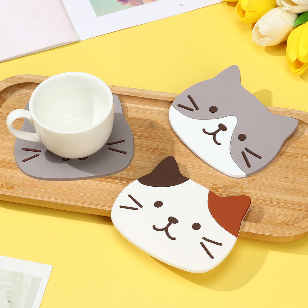 Cartoon Cat Shaped Silicone Dining Table Placemat Coaster Kitchen Accessories Mat Cup Mug Heat-resistant Animal Coffee Drink Pad