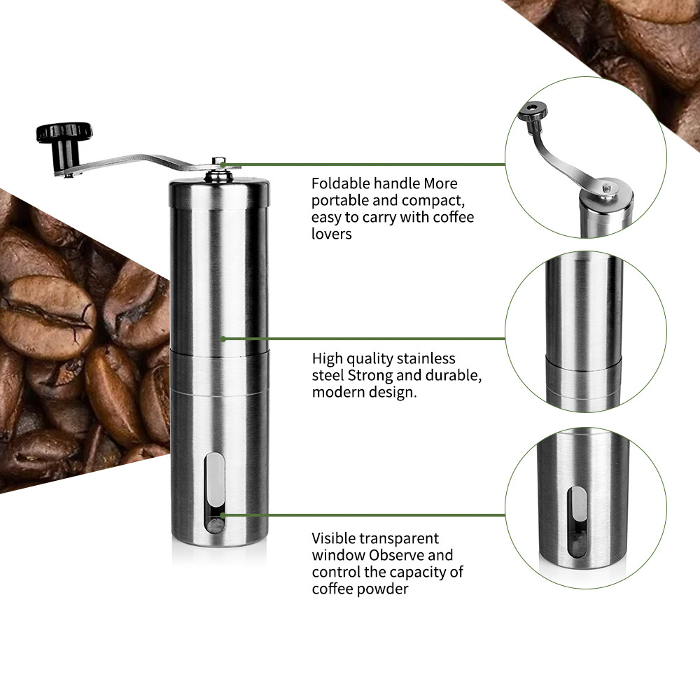 Manual Coffee Grinder For French Embossing Machine Hand-held Mini K Cup Brushed Stainless Steel Portable Conical Grinder