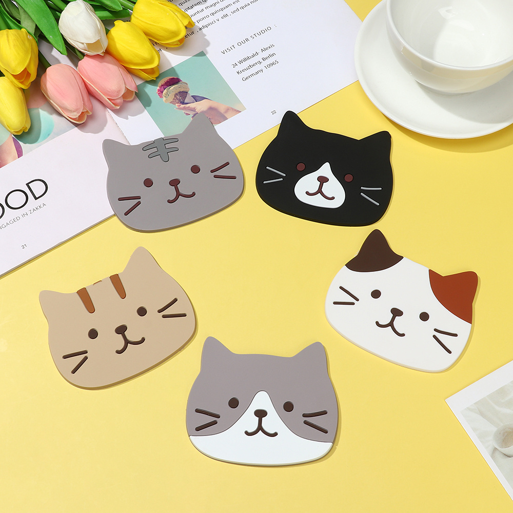 Cartoon Cat Shaped Silicone Dining Table Placemat Coaster Kitchen Accessories Mat Cup Mug Heat-resistant Animal Coffee Drink Pad