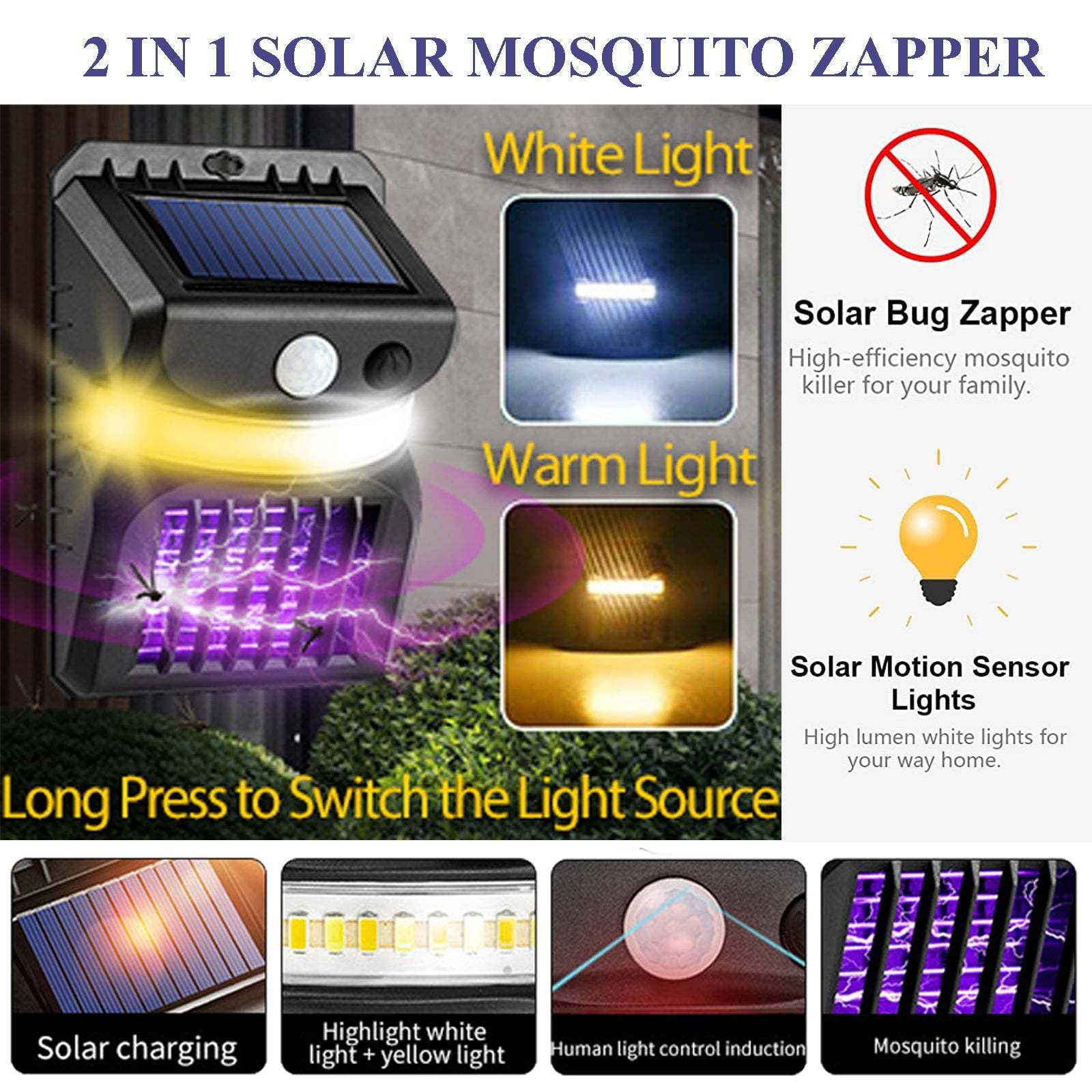 2-in-1 Solar Bug Zapper Uv Mosquito Killer And Motion Sensor Led Light Outdoor Induction Wall Lamp Electric Insect Fly Zapper