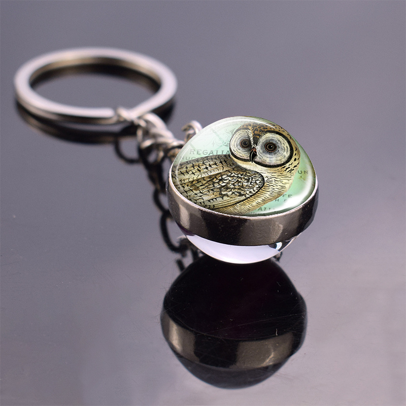 Cute Animals Trinket Owl Pattern Double Side Glass Ball Keychain Yin Yang Owl Pendant Keyring