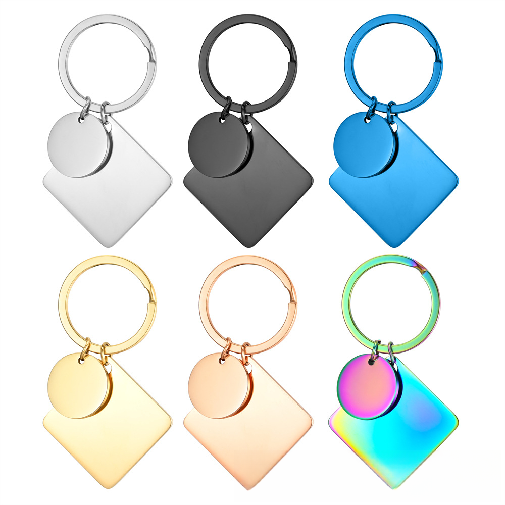 Jewelry Making Charms Mirror Polish Metal Keyring Stainless Steel Blank Engraving Square with Round Double Pendant Keychain