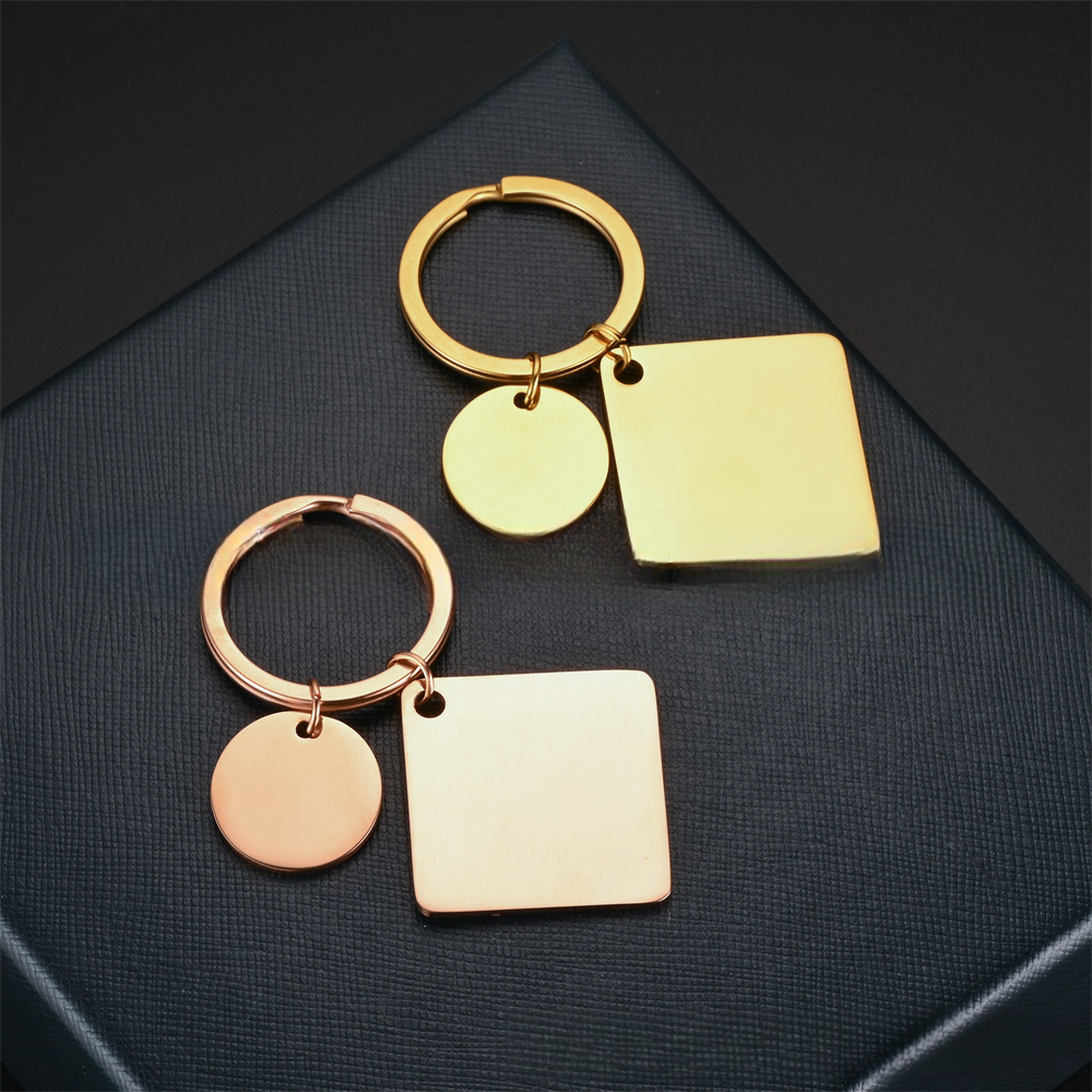 Jewelry Making Charms Mirror Polish Metal Keyring Stainless Steel Blank Engraving Square with Round Double Pendant Keychain