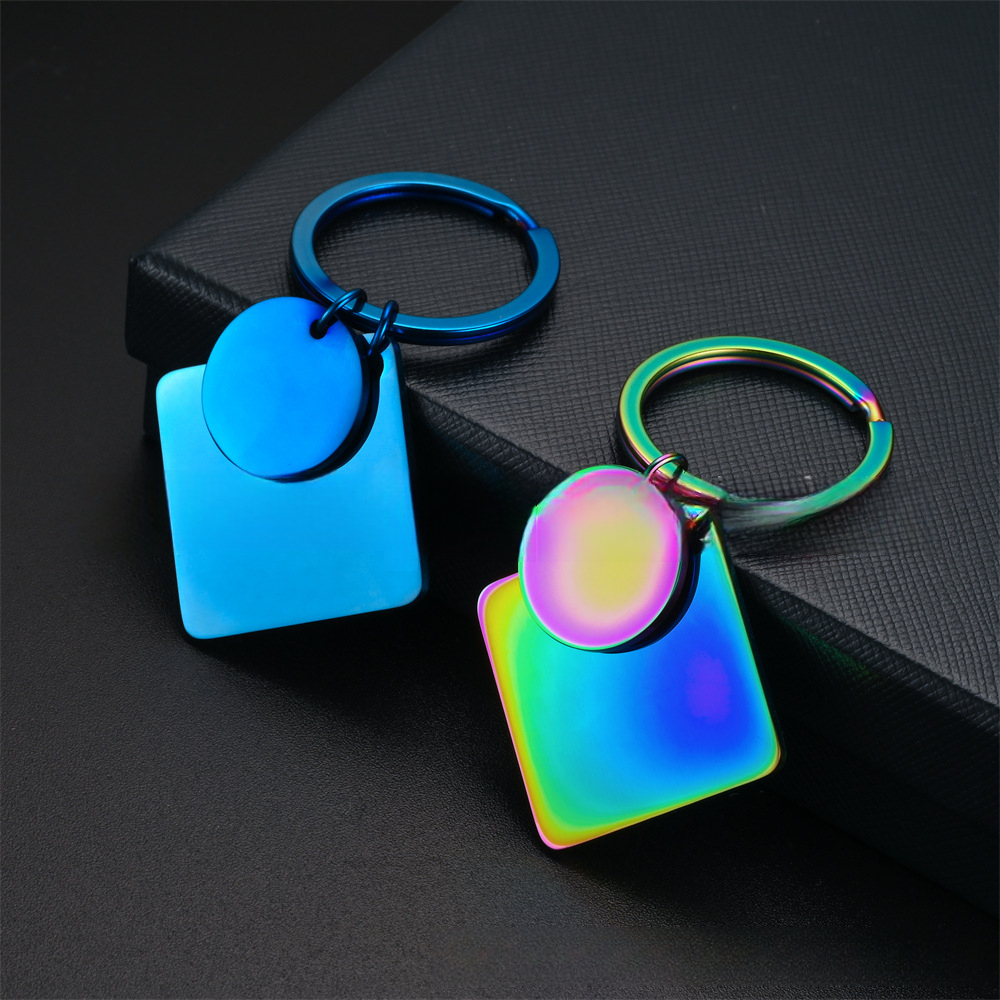 Jewelry Making Charms Mirror Polish Metal Keyring Stainless Steel Blank Engraving Square with Round Double Pendant Keychain