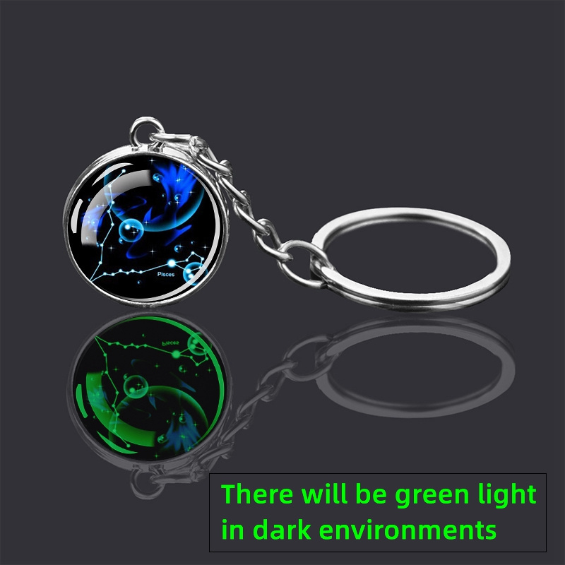 Luminous 12 Constellations Double Side Cabochon Glass Ball Key Ring Personalized Gifts Glow at night Zodiac Signs Key Chain