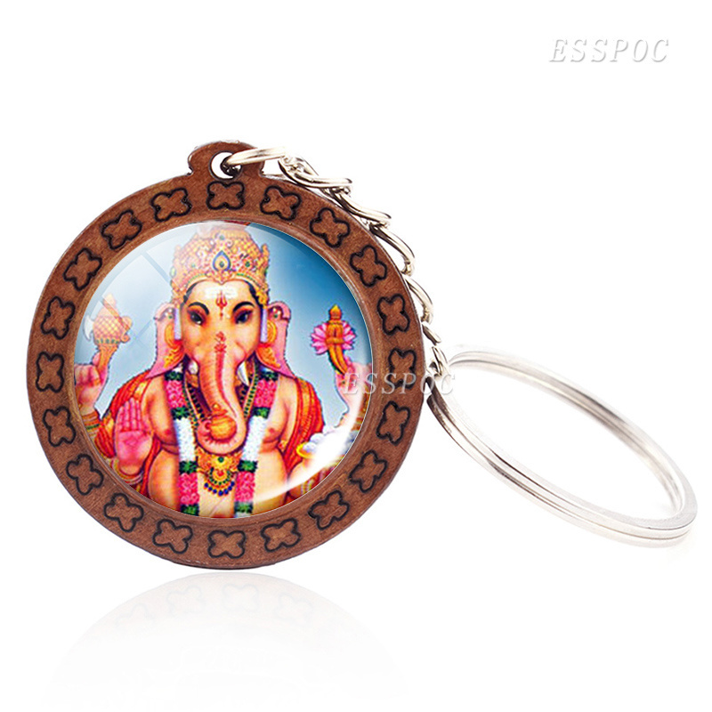 Hinduism Jewelry Elephant-headed God Ganesha Keychain Ganesha Photo Glass Dome Wood Key Rings Amulet for Men Women Kids