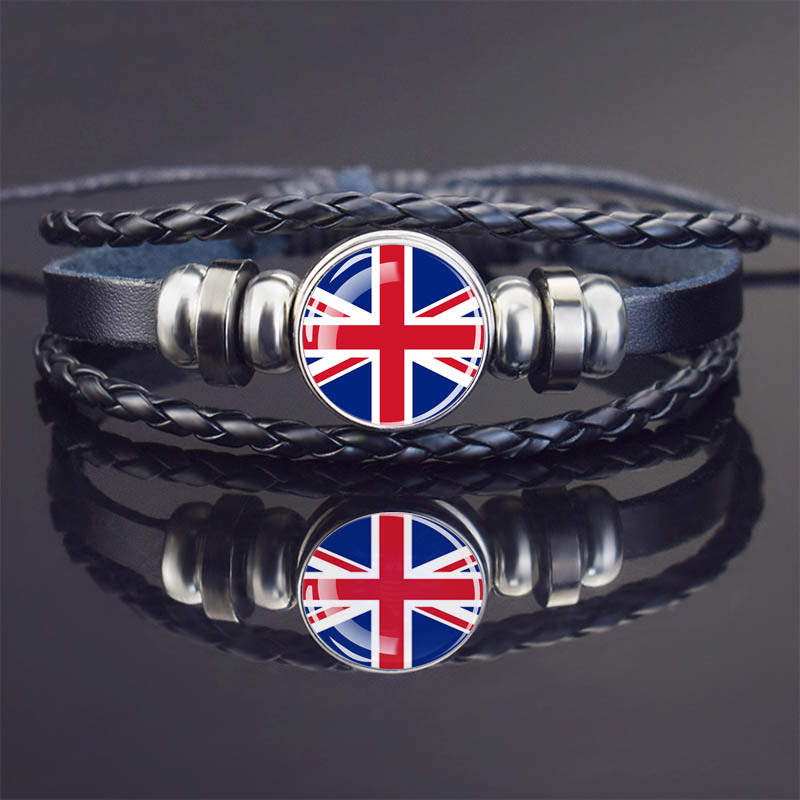 Countries Flag Bracelets Souvenirs Black Beaded Country Flag Braided Leather Bracelets for Mens