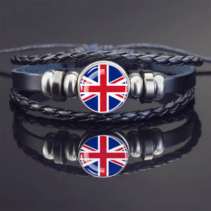 Countries Flag Bracelets Souvenirs Black Beaded Country Flag Braided Leather Bracelets for Mens