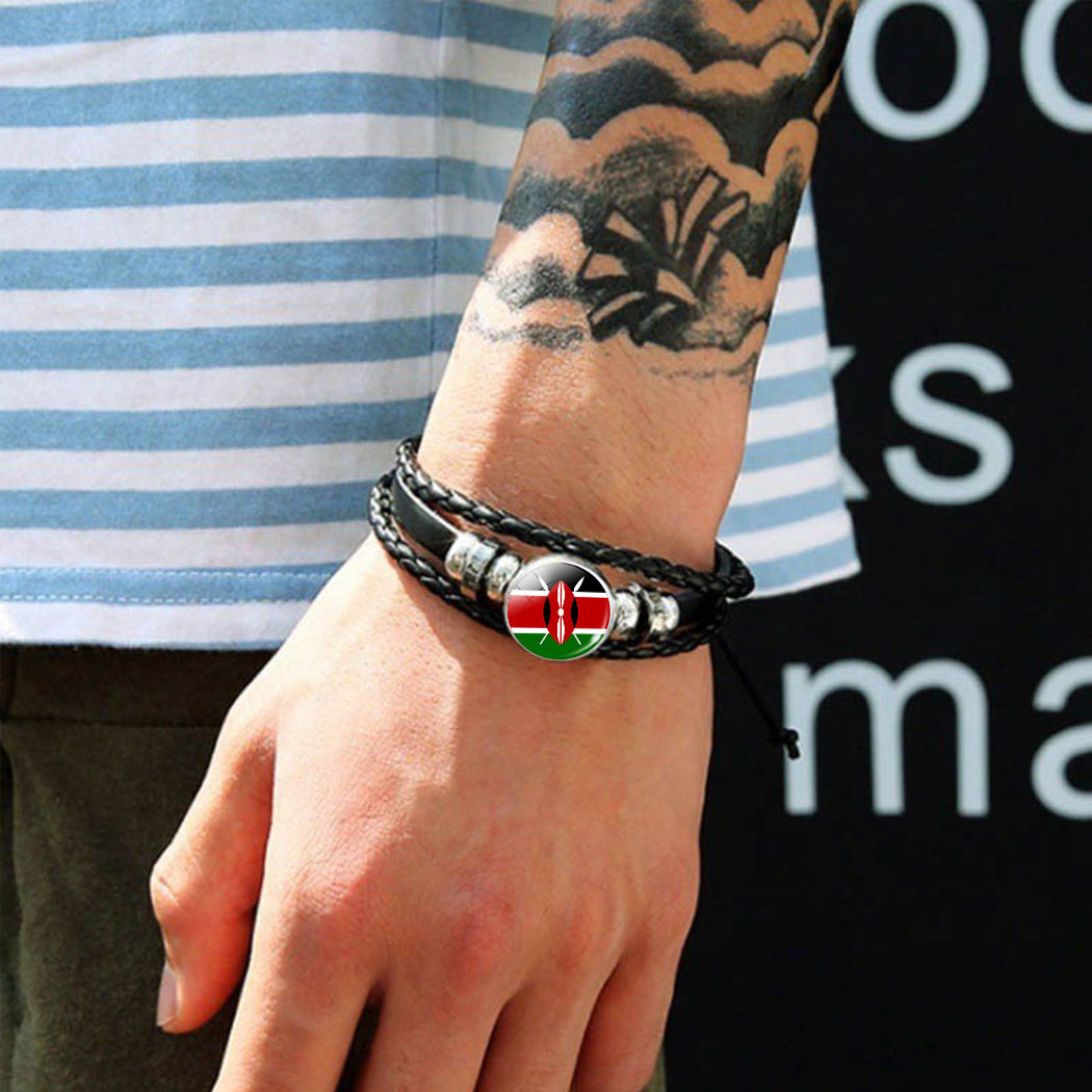 Beaded Country Flag Bracelet Leather Black Braided Bracelets Adjustable African Jewelry Flag Bracelets Souvenirs