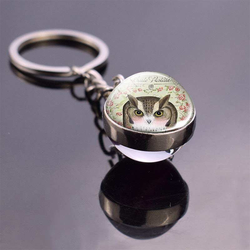 Cute Animals Trinket Owl Pattern Double Side Glass Ball Keychain Yin Yang Owl Pendant Keyring