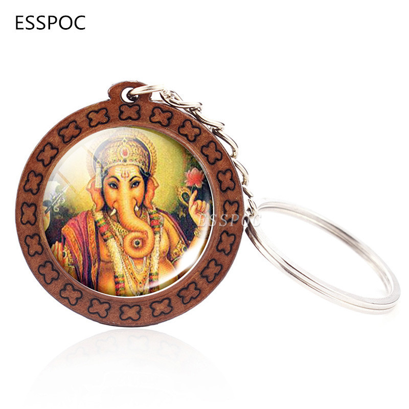 Hinduism Jewelry Elephant-headed God Ganesha Keychain Ganesha Photo Glass Dome Wood Key Rings Amulet for Men Women Kids