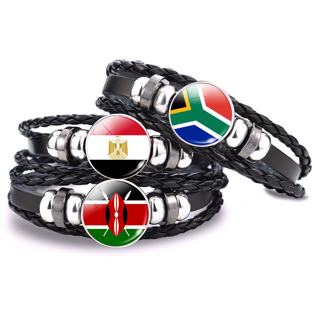 Beaded Country Flag Bracelet Leather Black Braided Bracelets Adjustable African Jewelry Flag Bracelets Souvenirs