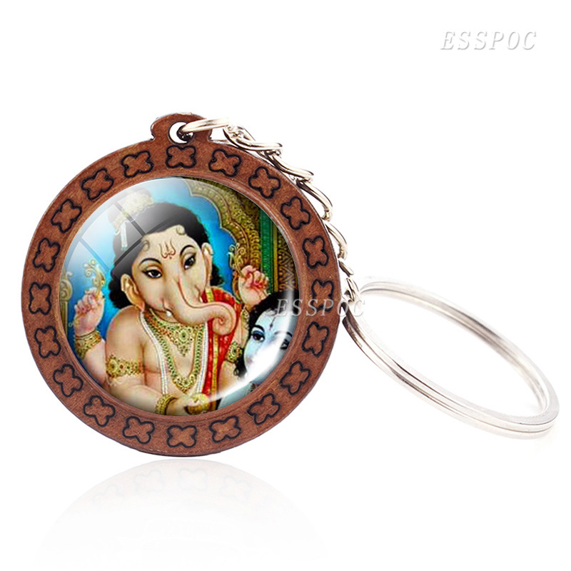 Hinduism Jewelry Elephant-headed God Ganesha Keychain Ganesha Photo Glass Dome Wood Key Rings Amulet for Men Women Kids