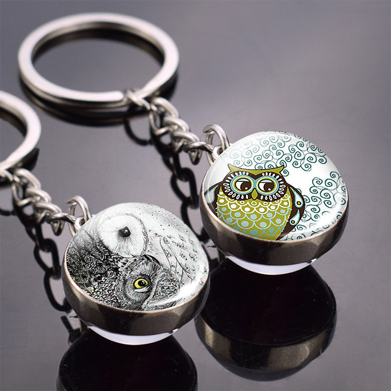 Cute Animals Trinket Owl Pattern Double Side Glass Ball Keychain Yin Yang Owl Pendant Keyring