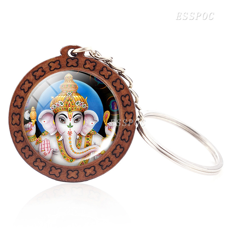 Hinduism Jewelry Elephant-headed God Ganesha Keychain Ganesha Photo Glass Dome Wood Key Rings Amulet for Men Women Kids